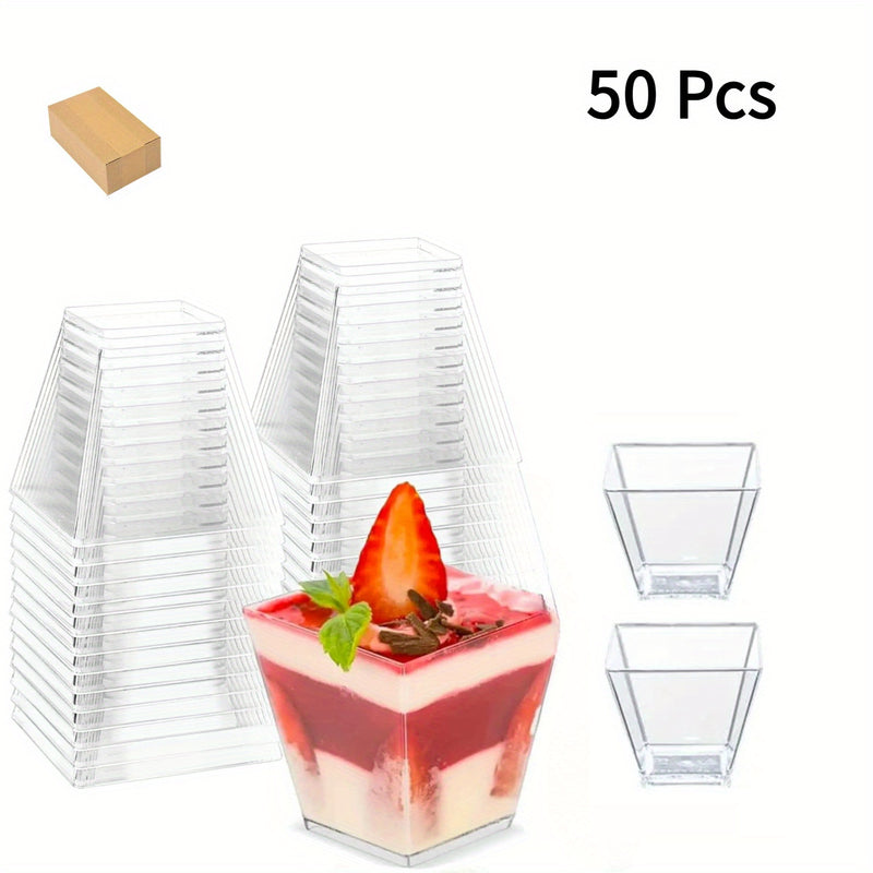 50/75/100 vasos cuadrados mini de plástico transparente, 60ml/2oz, reutilizables para postres, gelatina, helado y fiestas, material PS resistente, diseño apilable para fácil almacenamiento, suministros para servicio de alimentos | Vasos apilables | Vasos