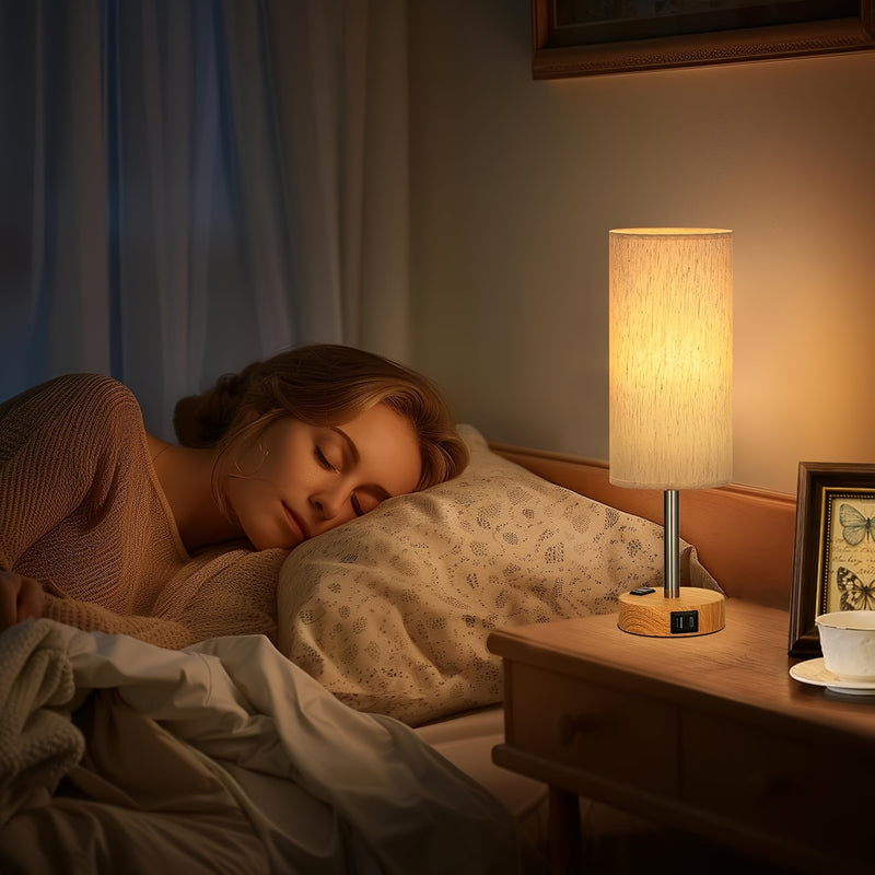 Conjunto de 1/2 Piezas de Lámpara de Noche Moderna con Control Táctil - Regulable en 3 Niveles, Puertos USB y Enchufe de CA, Base de Madera con Pantalla de Lino para Mesita de Noche, Escritorio, Oficina, Dormitorio (Bombilla LED Incluida), Lámparas de Me
