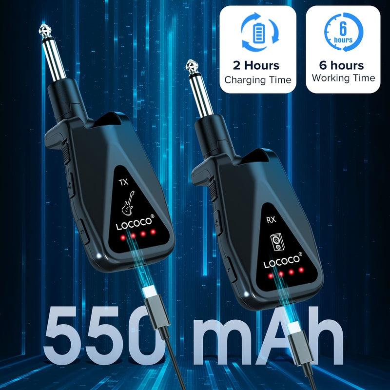 Sistema inalámbrico de guitarra, transmisor y receptor inalámbrico UHF para guitarra con indicador luminoso, 4 canales de audio recargables, alcance de 49,99 metros, Plug and Play, diseño de enchufe giratorio de 280° para guitarra eléctrica, bajo, amplif