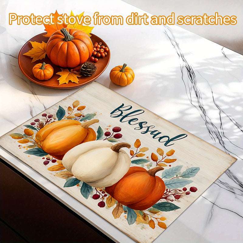 1pc Cubierta para Estufa de Acción de Gracias - con Letras Bendecidas, Revestimiento Antideslizante de Goma, Decoración de Cocina Otoñal para Estufas de Gas/Eléctricas, Diseño Floral de Calabaza en Naranja/Beige, Compatible con la Mayoría de Estufas - Fá