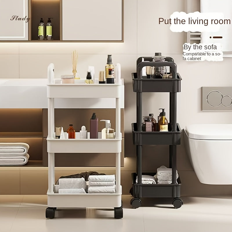 Carrito organizador de plástico con ruedas, 3 niveles, blanco, fácil de mover, multiusos para cocina, baño, dormitorio, sin necesidad de ensamblaje, diseño con ruedas para movilidad, carrito utilitario