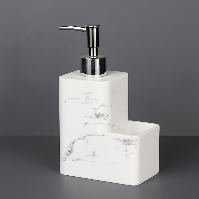 Dispensador de jabón de mármol blanco elegante con soporte de cepillo - Autónomo, no necesita electricidad, material de resina, ideal para encimeras de cocina y baño, incluye almacenamiento de almohadilla de limpieza, dispensador de jabón para baño