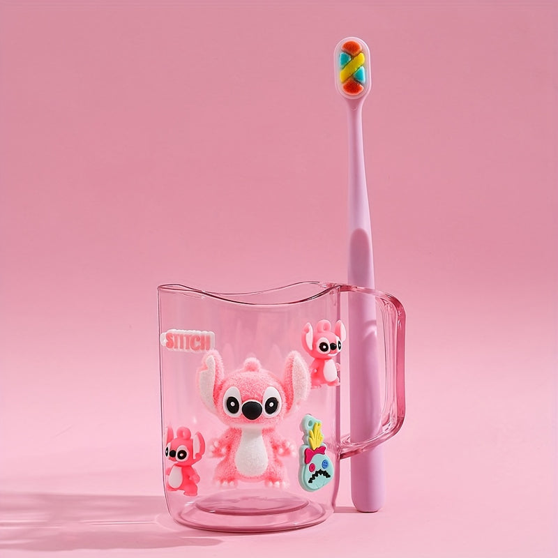 2 piezas de cepillos de dientes y vasos enjuagadores de plástico con temática de Stitch y Angel, duraderos y fáciles de limpiar, ideales para familias y residencias estudiantiles, accesorios de baño | Diseño divertido | Construcción resistente