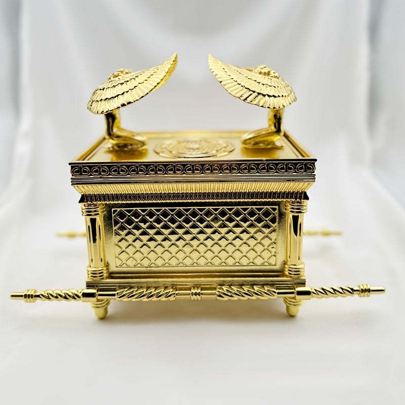 Elegante estatua de la Arca de la Alianza dorada - Aleación pintada a mano, diseño religioso intrincado con asas y tapa ornamentales - Ideal para decoración festiva del hogar, uso interior/exterior, decoración religiosa del hogar