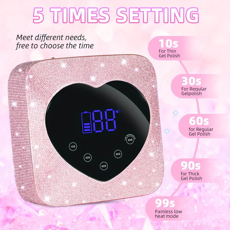 Secador de Uñas Portátil sin varillas con 30 Luces LED, Lámpara de Manicura Recargable con Piedras Brillantes Doradas, Batería Integrada de 2500mAh, Sensor Infrarrojo Inteligente, 5 Modos Temporizadores, Herramienta Profesional de Salón
