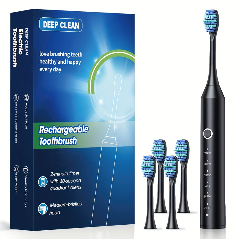 Cepillo eléctrico automático recargable para adultos, 6 modos de limpieza, batería de polímero de litio, carga USB, ≤36V, con cerdas suaves para limpieza profunda de dientes y hilo dental.