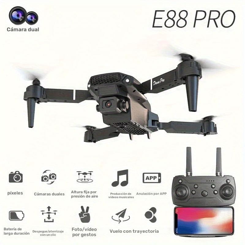 Drone E88 con cámaras HD dobles, batería única, regreso con una sola tecla, conexión WiFi, drone de fotografía aérea, control remoto de cuadricóptero, regalo de Navidad, Halloween y Acción de Gracias.