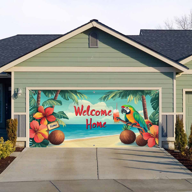 1 pieza, letrero de puerta de garaje de pavo tropical de playa, gran decoración al aire libre con letrero "Bienvenidos a casa", palmeras y diseño floral vibrante, perfecto para Navidad, fiestas de vacaciones y fondos temáticos de playa, decoración temáti