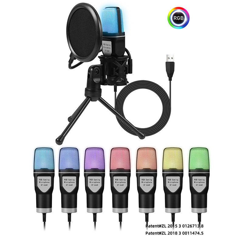 Micrófono de juego, micrófono USB para PC para podcasts de video, transmisión, micrófono de condensador con función de silencio rápido, trípode, filtro de pop, luz indicadora RGB, soporte antivibraciones, perilla de ganancia rotativa, compatible con PS4/