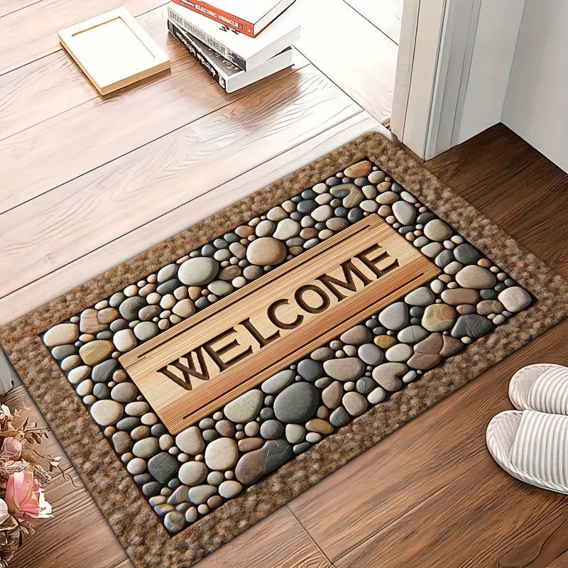 Tapete de bienvenida de piedra – Antideslizante, lavable, para entrada, decoración rústica de granja, material de poliéster duradero, ideal para uso en interiores/exteriores, tapete de bienvenida para interior | Estilo rústico de granja | Tapete lavable