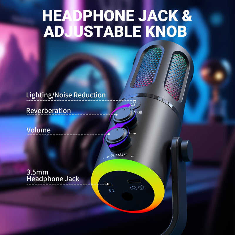 RIKSOIN USB Micrófono de condensador para juegos con luces RGB, Plug & Play con cancelación de ruido - Calidad de sonido profesional, brazo y soporte ajustables, alimentado por USB-C para juegos de PC, podcasting, transmisión en vivo, karaoke, videoconfe