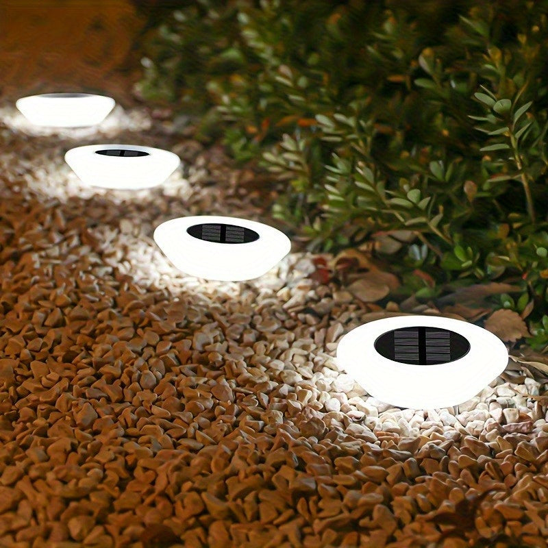 Conjunto de 4 Luces Solares para Caminos Exteriores, Encendido/Apagado Automático con Diseño Decorativo de Piedras Preciosas Enterradas en el Suelo, Iluminación Paisajística Duradera y Eficiente en Plástico para Jardín, Patio