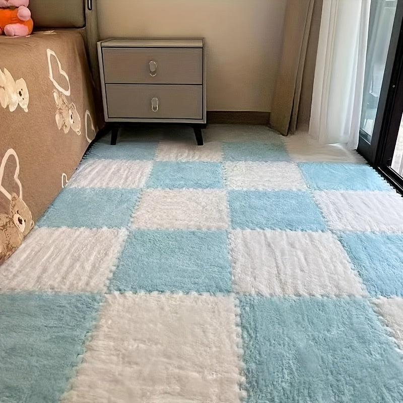 24 piezas de tapetes de peluche entrelazados - Diseño a cuadros en azul y gris, material lavable de EVA y poliéster, perfectos para decorar la sala, habitación o cuarto de juegos