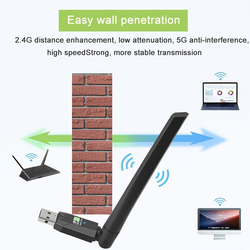Adaptador de red inalámbrica WiFi de banda dual de 600Mhz USB, receptor externo de 2,4/5GHz para PC/Portátil/Escritorio, Plug-and-Play, Sin batería requerida, Adaptador WiFi para PC | Diseño USB elegante | Soporte de red de banda dual