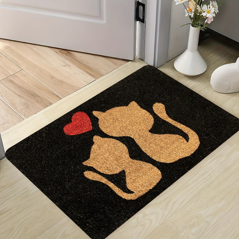 1 alfombra de entrada con silueta de gato Whisker Wonders, rectangular, de poliéster, base antideslizante de PVC, lavable a máquina, para interior/exterior, diseño con corazón