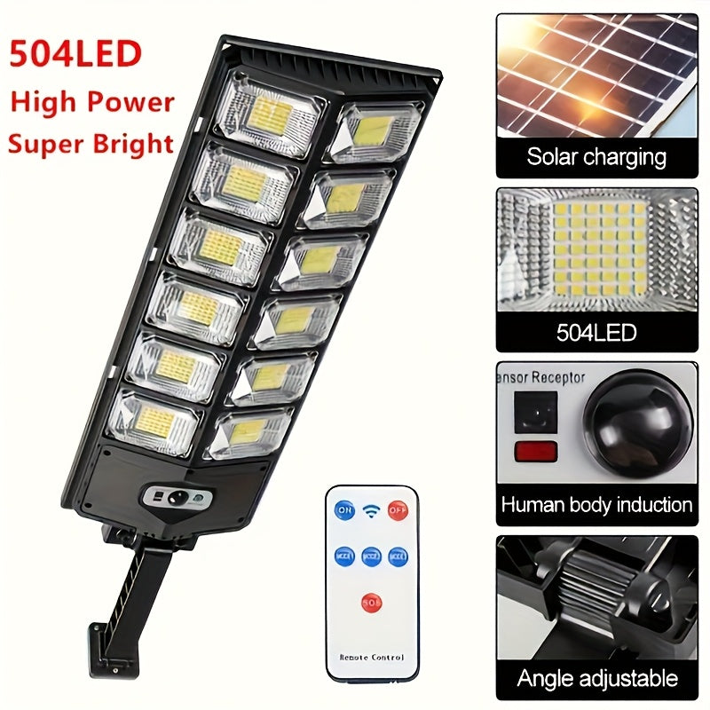 1 lámpara de calle solar, 504×6500K LEDs con lente. Luz automática de puesta de sol a amanecer alimentada por energía solar para estacionamientos; sensor de movimiento de ángulo amplio y farola controlada a distancia. Ideal para iluminación comercial/cor