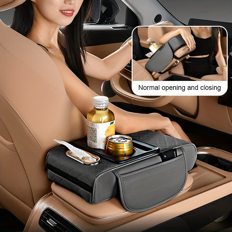 1 cojín universal para apoyabrazos de auto en piel PU, con porta vasos, compartimento multifuncional y ranura para caja de pañuelos