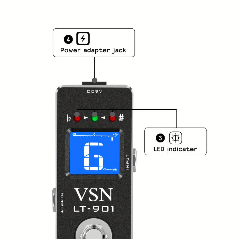 Pedal de afinador VSN, Pedal de afinador cromático con indicador de tono para guitarra eléctrica y bajo True Bypass