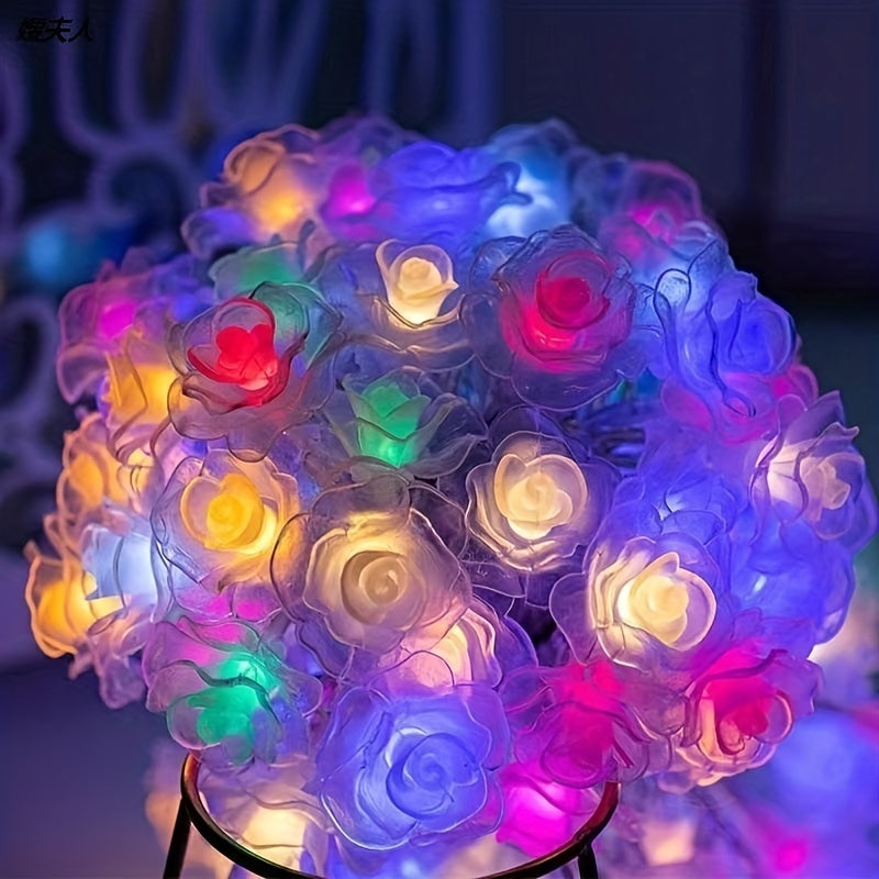 Cadena de luces solares de 8 modos de rosa, 20/30/50LED de varios colores parpadeantes, material plástico, batería de níquel, control de botón pulsador, para el Día de San Valentín, propuesta de boda, jardín