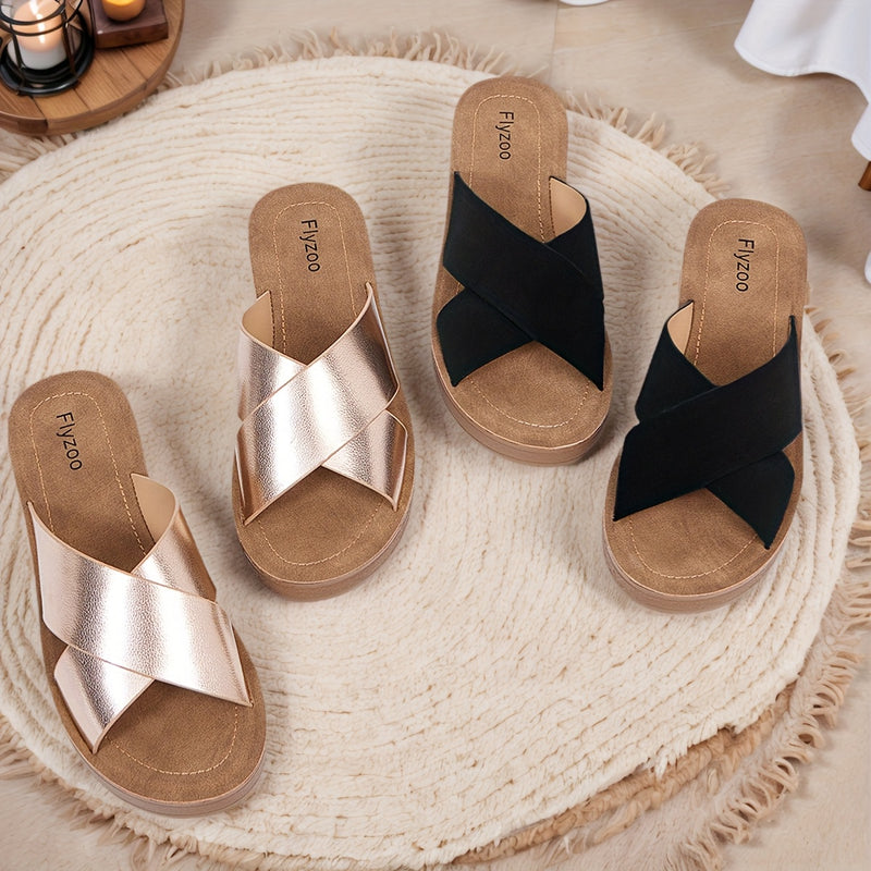 1 par de sandalias planas de verano para mujer con tiras cruzadas - punta abierta, sin cordones, cómodas, con cubierta sintética, zapatillas de playa con suela gruesa y acolchada para uso diario, al lado de la piscina, uso casual y zapatillas de piscina,
