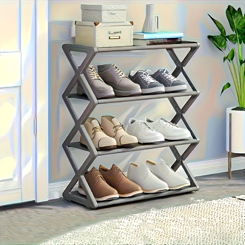 Estante de zapatos de 4 niveles que ahorra espacio - Estante de almacenamiento duradero de metal y plástico, adecuado para zapatos, botas, joyas, relojes - Diseño compacto negro/blanco, ideal para entrada, armario, espacios pequeños, organizador de pies