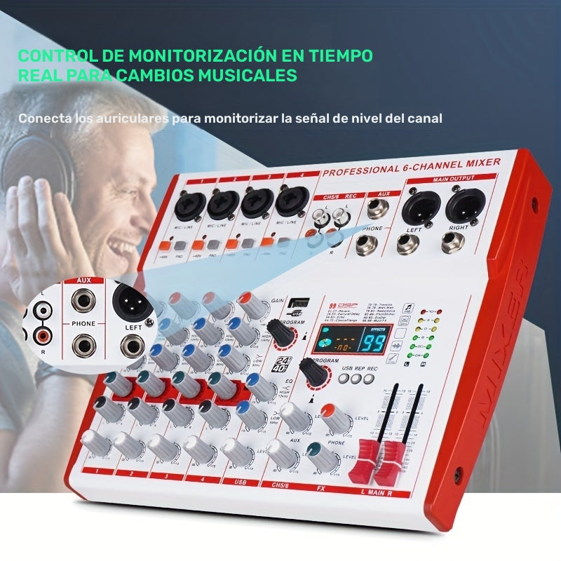 Mezclador de Audio Compacto Profesional NXG - Consola de Mezcla Pequeña Multifuncional con Reverb Digital, Ideal para Karaoke y Transmisión en Vivo, Disponible en Blanco/Rojo, Aleación, Fuente de Alimentación de 110V-130V, Enchufe de EE.UU., Mezclador de