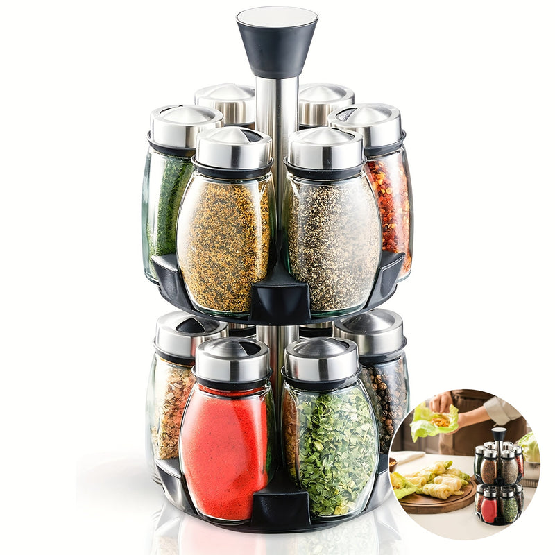 Organizador de especias giratorio 360°, juego de 6/12 frascos con acabado metálico pulido y recipientes de vidrio para rellenar especias, ideal para cocina, alacena o mostrador