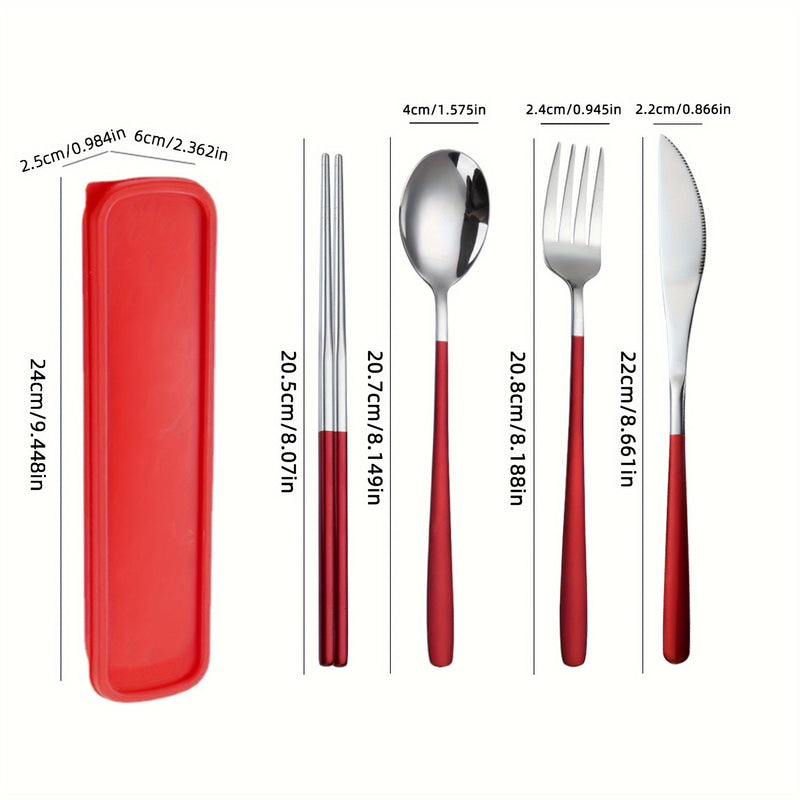 Juego de Cubiertos de Acero Inoxidable de 4 Piezas con Mango Redondo Brillante y Engrosado para Cuchillo de Cena, Palillos, Cucharas y Tenedores, Caja de Cubiertos Portátil para Estudiantes, Reuniones al Aire Libre y Picnics