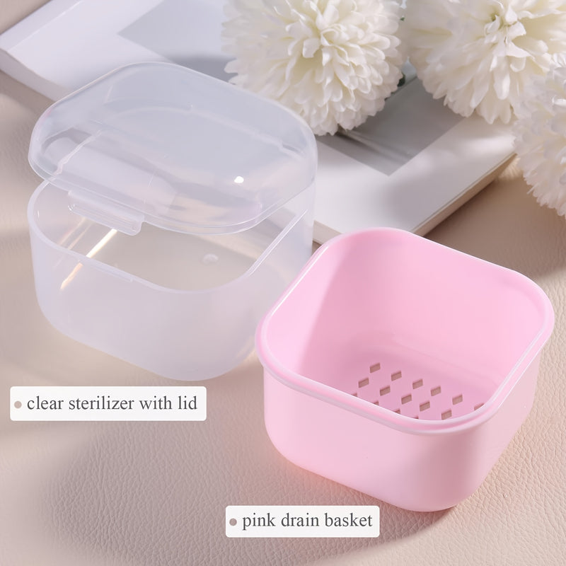 1pc Herramienta de Manicura, Contenedor para Esterilización de Caja Limpiadora de Uñas, Bandeja de Desinfección Adecuada para Accesorios de Manicura con Canasta de Drenaje Rosa