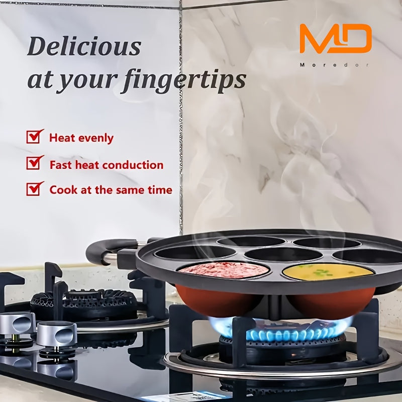 MOREDOR Sartén Antiadherente de 7 Agujeros con Molde para Pasteles de Aleación de Aluminio y Mango Ergonómico, Fácil Limpieza y Diseño Ahorrador de Espacio para Cocina en Casa, Actividades al Aire Libre, Panqueques, Empanadas