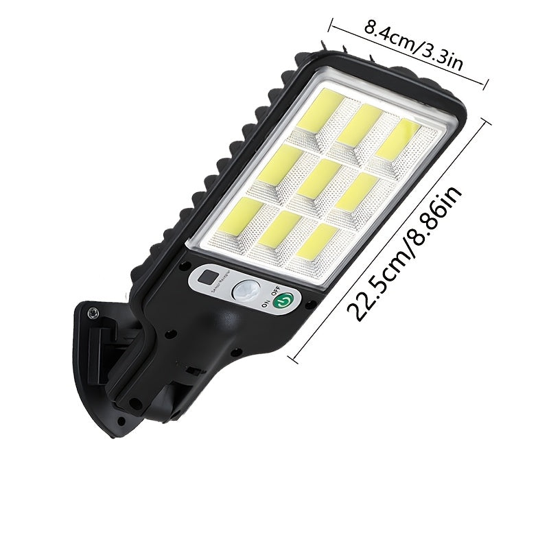 Lámparas solares exteriores: 1 lámpara solar con control remoto y sensor de movimiento, iluminación de 9 cuadrículas y ángulo amplio con LED COB de 6500K, interruptor automático, fácil instalación, ideal para garaje, porche, plaza e iluminación comercial