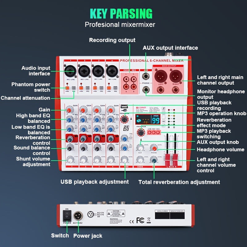 Mezclador de Audio Compacto Profesional NXG - Consola de Mezcla Pequeña Multifuncional con Reverb Digital, Ideal para Karaoke y Transmisión en Vivo, Disponible en Blanco/Rojo, Aleación, Fuente de Alimentación de 110V-130V, Enchufe de EE.UU., Mezclador de