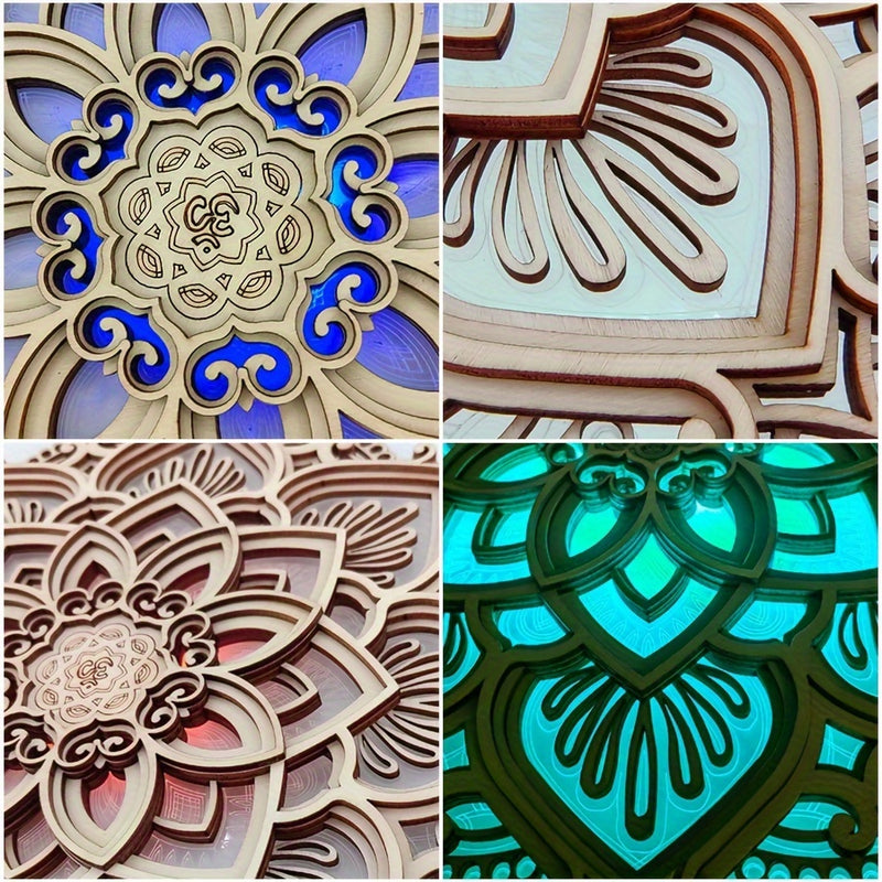 Luz nocturna LED de ambiente mandala de madera, regalos creativos tallados tridimensionales, artesanías colgantes de decoración para el hogar, regalos de Navidad, cumpleaños
