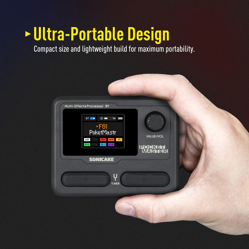 Procesador de efectos múltiples para guitarra Pocket Master de SONICAKE - Simulación de gabinete IR, portátil con clip de cinturón, batería recargable por USB, formato de señal analógica, diseño blanco y transparente, procesador de efectos de guitarra |