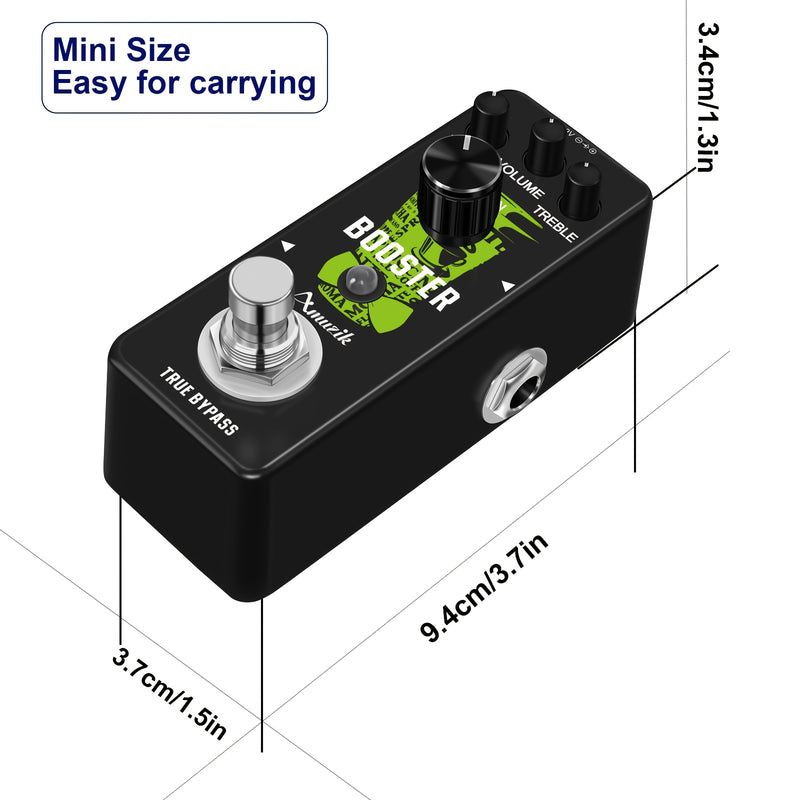 Amplificador de efecto de guitarra Amuzik Mini Booster, aleación de aluminio negro, verdadero aumento de ganancia, señal analógica, control de perilla, cableado, ≤36V, no requiere batería