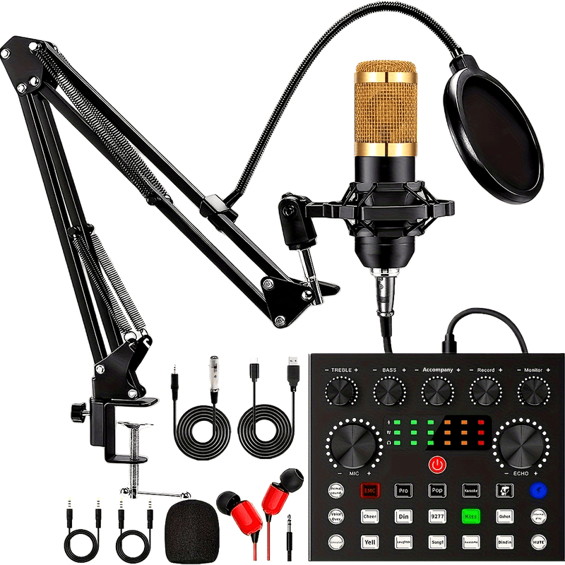 Kit de Podcasting BM800 con Tarjeta de Sonido V8 y Cambiador de Voz - Alimentado por USB/Batería, Conector de Audio de 3.5mm - Ideal para Grabación, Canto, Streaming y Juegos