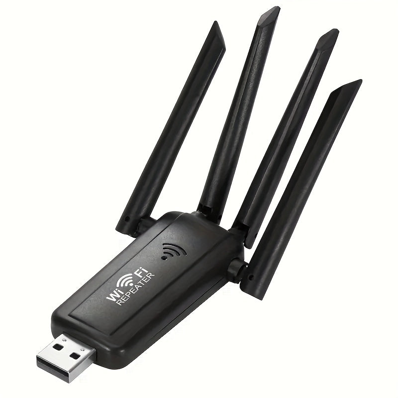 Un repetidor de cuatro esquinas con diseño negro y blanco, que opera a una frecuencia única de 300 Mbps, es ideal para una cobertura extensa. Este amplificador de señal de Wi-Fi es perfecto para oficinas con baja intensidad de datos, así como edificios r