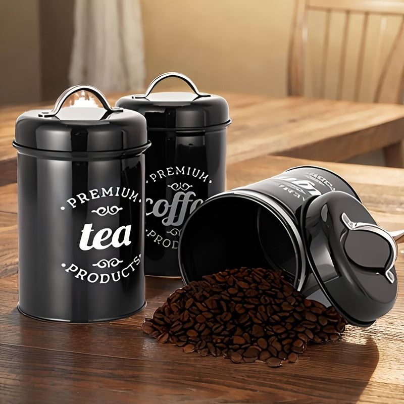 3 piezas de contenedores de almacenamiento de metal premium con tapas - Organizador de alimentos y té redondo reutilizable para café, azúcar, confitería - Solo lavado a mano, solución de almacenamiento de cocina multiusos