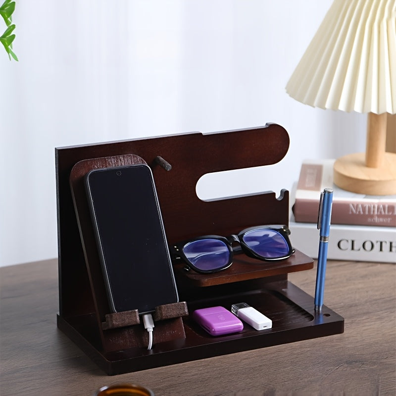 Soporte de Madera Sólida para Teléfono y Organizador para Hombres – Mesita Multifuncional con Ranura para Cable de Carga, Compartimentos para Carteras, Gafas, Relojes & Llaves – Regalo Perfecto para Papá, Esposo, Novio – Montaje Fácil, Decoración Estilo
