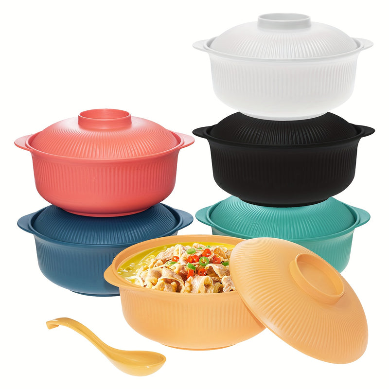 Dos Juegos de Nuevas Cacerolas con Tapas y Cucharas Largas, 1100ml/38oz Capacidad Grande, Tazón de Ramen de Mano, Fácil de Limpiar, Tazón Redondo para Servir, Tazón para Ensalada de Frutas en Casa, Tazón para Postre, Tazón para Sopa, Tazón para Almuerzo