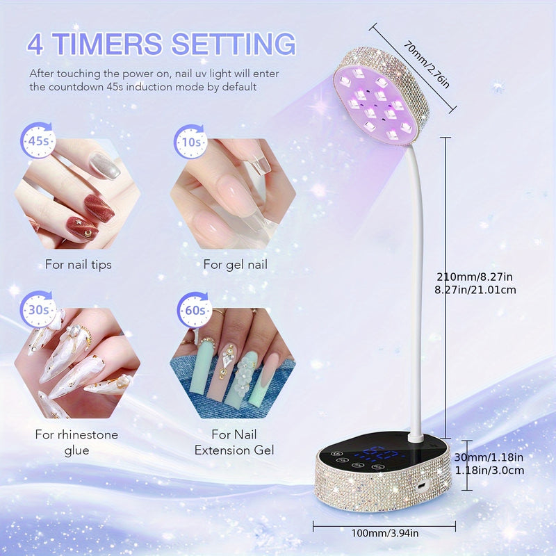 Linterna de Uñas Compacta para Escritorio con Pantalla Táctil - Secador Portátil con Piedras Brillantes, 12 Luces LED, Sensor Infrarrojo Inteligente, Kit de Manicura Perfecto para Cumpleaños de Mujeres