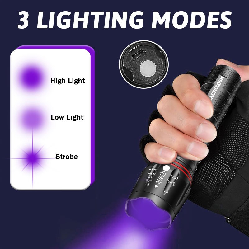 1pc Lámpara de Luz Negra Recargable por USB,Linterna Multifuncional Zoomable Portátil, Luz UV para Cucarachas, Rocas, Resina, Hotel, Detección Brillante