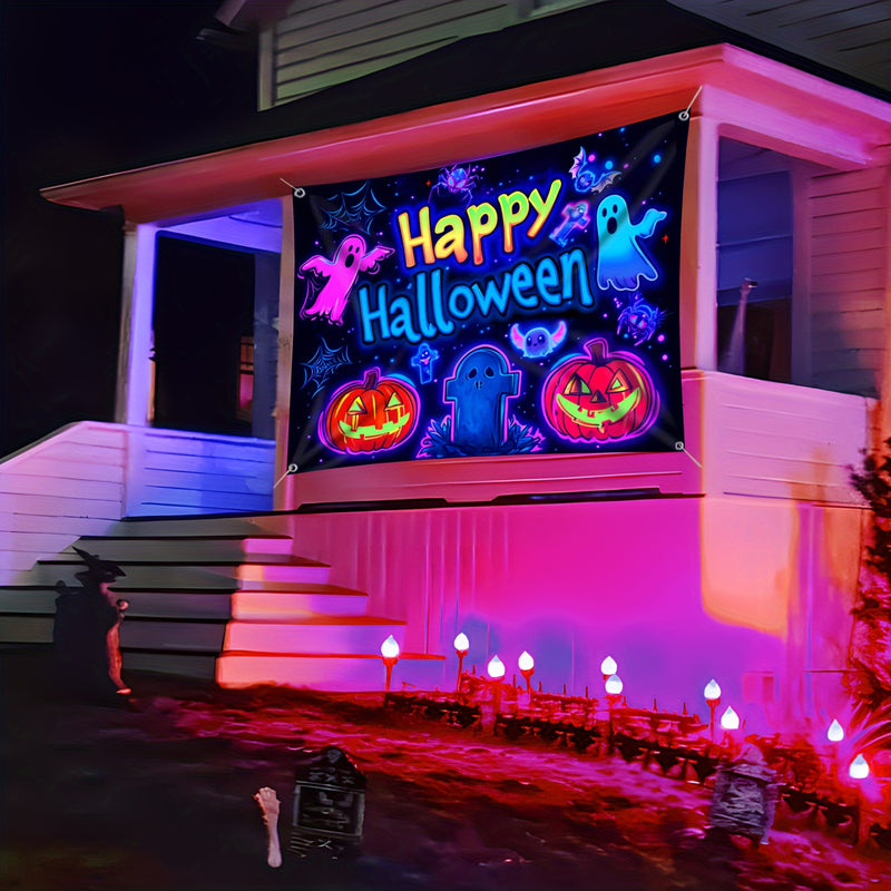 Tapiz Fluorescente Grande de Calabaza y Fantasma de Halloween - Decoración Exterior Reactiva a UV, Fondo de Fiesta Fácil de Colgar, Regalo Festivo Perfecto
