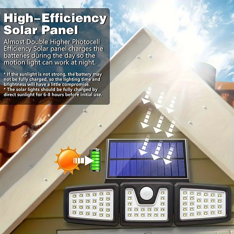 Luz solar de pared con 3 cabezas y 74 LED, ajustable, con sensor de movimiento, IPX4, para exteriores, hogar, jardín, patio, energía solar con batería, luces solares para exteriores, iluminación de patio, iluminación moderna, iluminación duradera.
