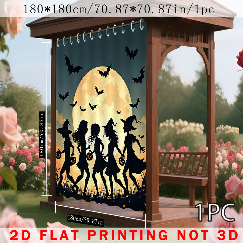 1pc/2pcs Cortinas para Exteriores, Diseño de Escena de Bruja en y Naranja con Estampado 2D, Adecuadas para Patio, Cenador, Jardín, Todas las Estaciones, Incluye Ganchos, Decoración Temporal para Halloween, Navidad y Bodas
