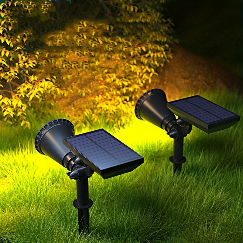 2 piezas de luces solares de 9 LED, IP65, impermeables, exteriores, RGB, solares, de paisaje, con brillo ajustable para jardines, patios, árboles, garajes, patios traseros, decoración de césped, farolas de calle, luces de foco.