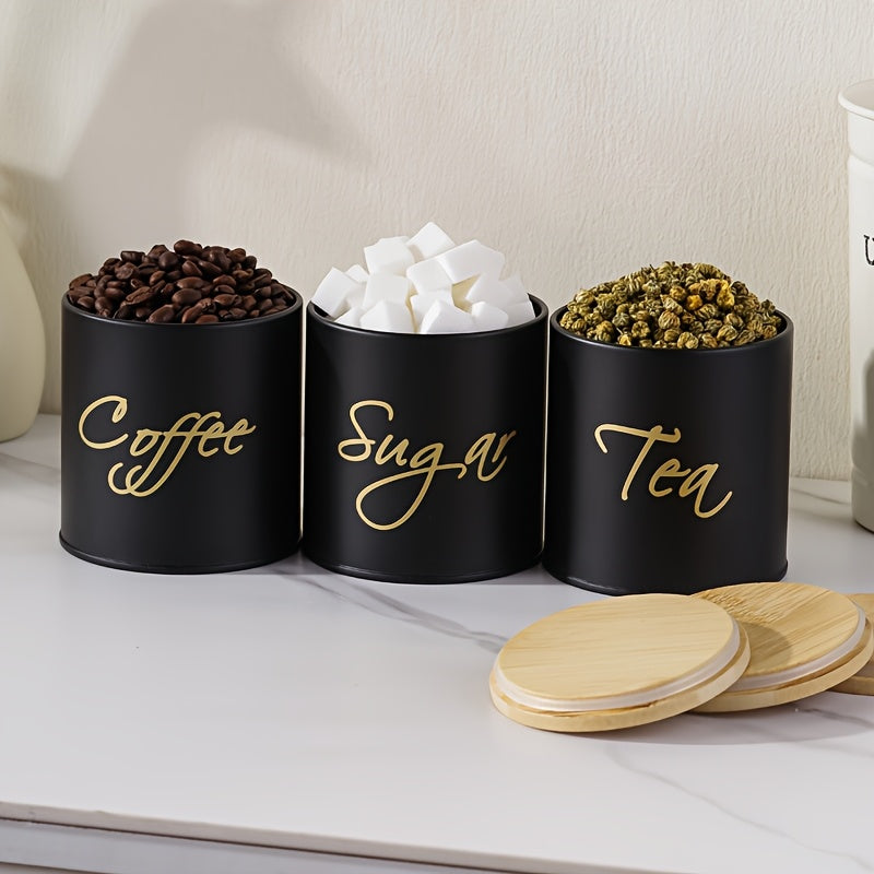 Juego de 3 tarros con tapa de bambú metálica sellados para café, dulces, té, botella de cocina y contenedor de alimentos para fiestas al aire libre