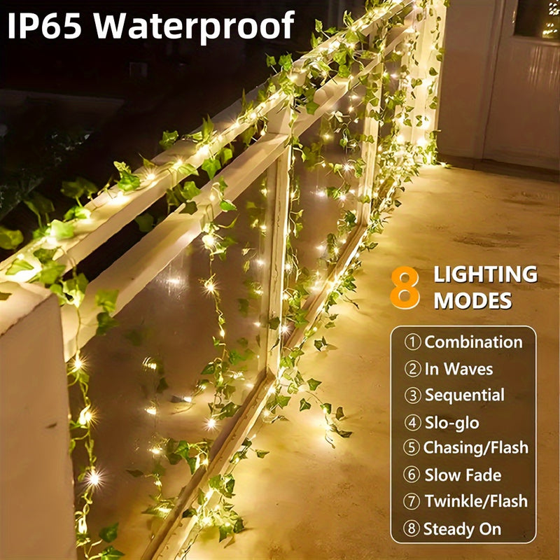 1 ud., Luces de Cadena con Hojas Artificiales de Hiedra Alimentadas por Energía Solar, 50/100 LED en Cable de Cobre para Jardín Exterior, Pared, Balcón, Valla, Árbol, Bodas, Fiestas y Decoración Navideña con 8 Modos