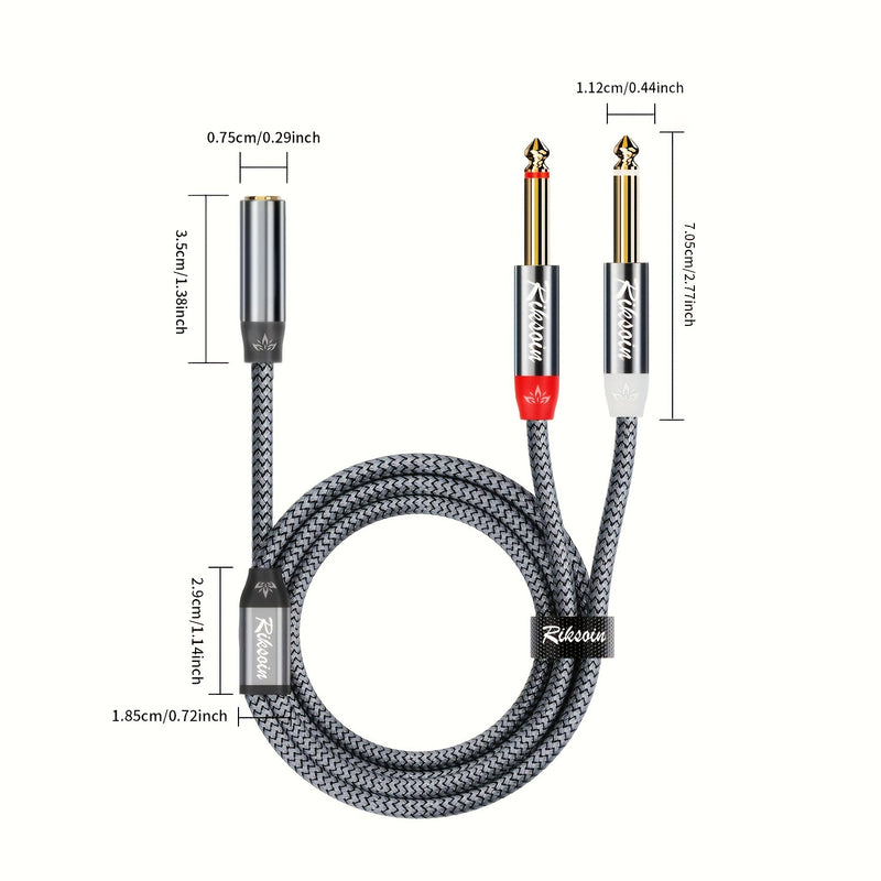 1pc RIKSOIN con baño de oro de 24K Cable divisor de audio, 3,5 mm a doble 6,35 mm Jack, estéreo 3,5 mm Jack conector auxiliar con forma redondeada trenzada, conector hembra a macho, cable Ethernet de categoría 5 para instrumentos