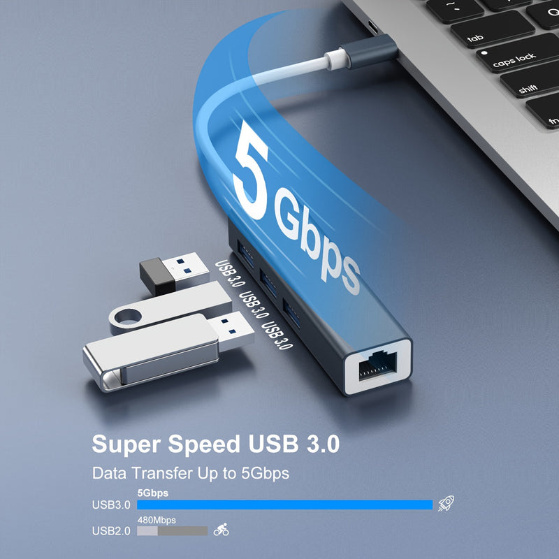 Adaptador USB C a Ethernet con concentrador USB 3.0 de 3 puertos, adaptador de red LAN Gigabit Ethernet RJ45 a USB-C/Thunderbolt 3 4 en 1, construcción de aleación de aluminio, compatible con MacBook Pro/Air, iPad Pro, Chromebook, XPS, Surface - Plug & P